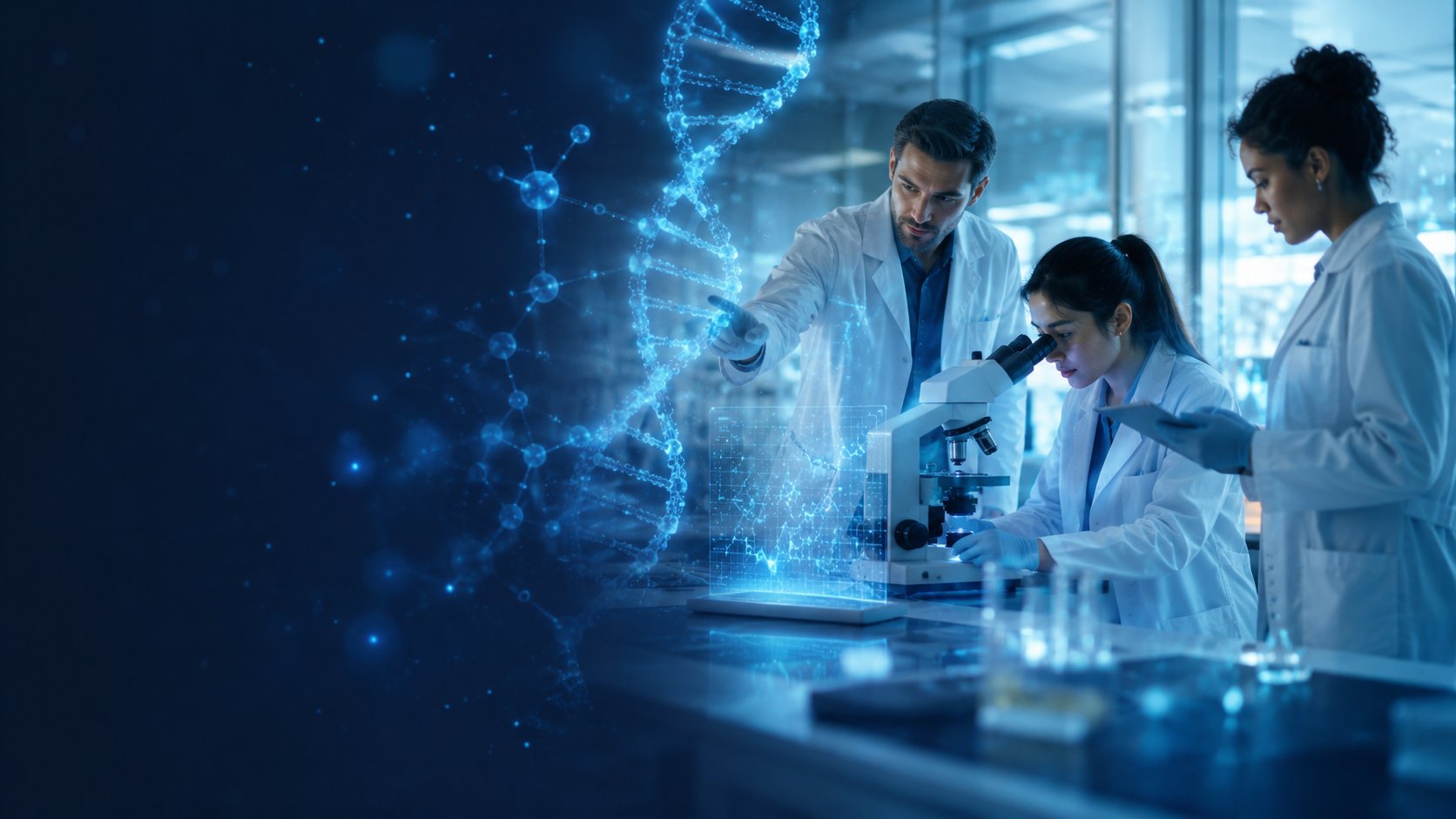 Zermatt scientist analyzing molecular signaling pathways — modern biotech laboratory